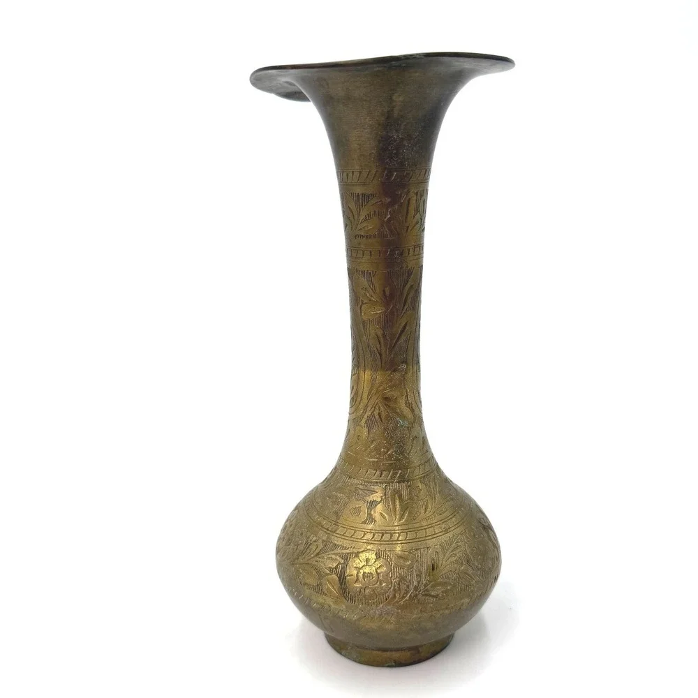 Vintage Etched Brass Bud Vase Floral Hand Engraved Gold Tone 8.5‎ Inch India